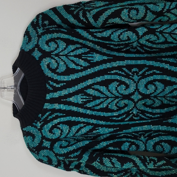 Vintage G. F. C. Green & Black Sparkly Mock Neck Sweater M - Picture 2 of 8